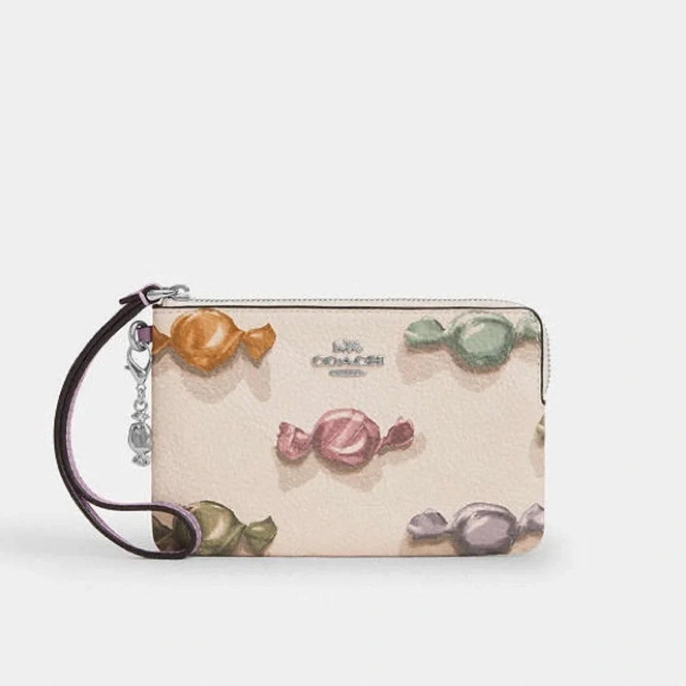 Coach Corner Zip Wristlet With Candy Print And Charm